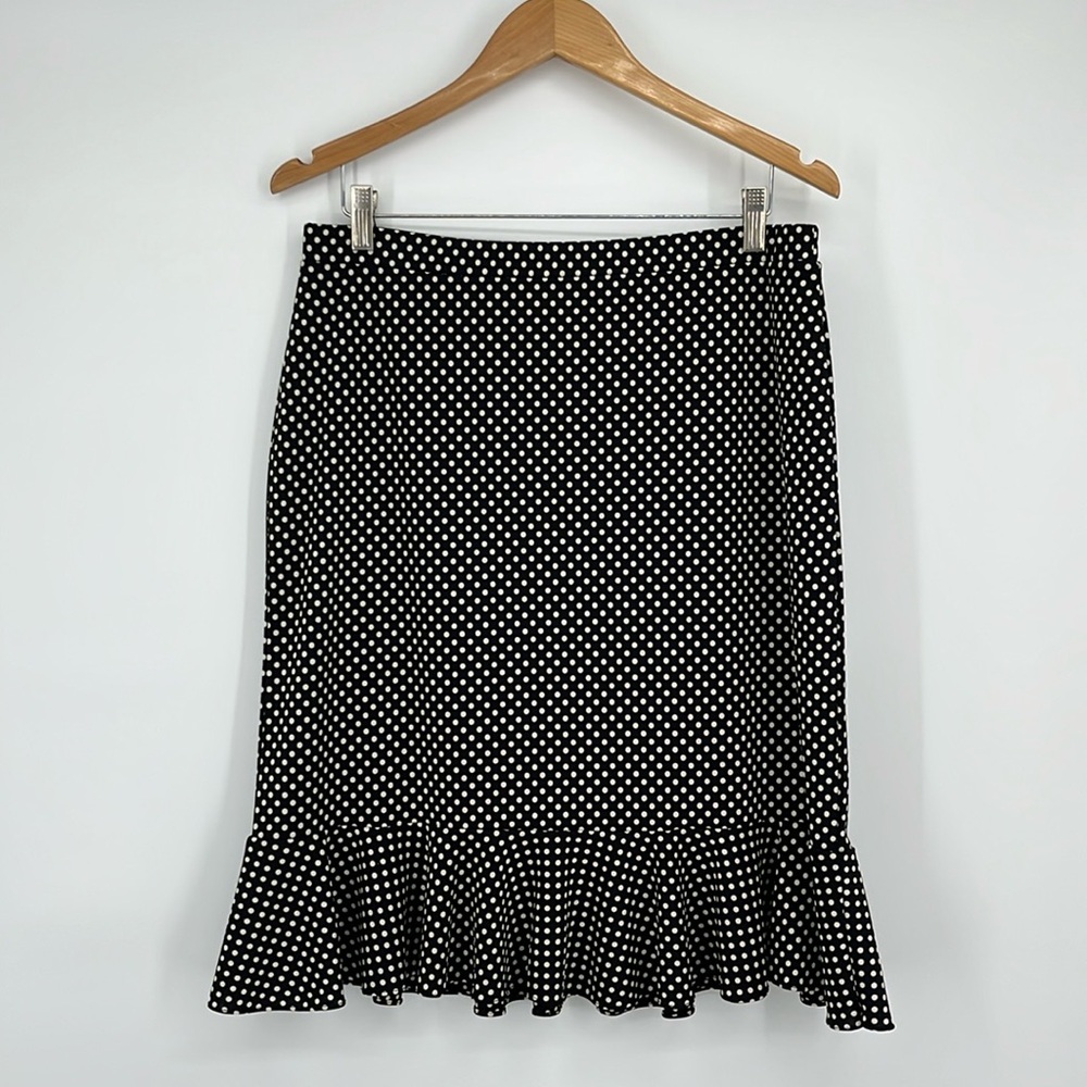 black 50s inspired polka dot ruffle hem midi skirt sz 10 | Parisian feminine